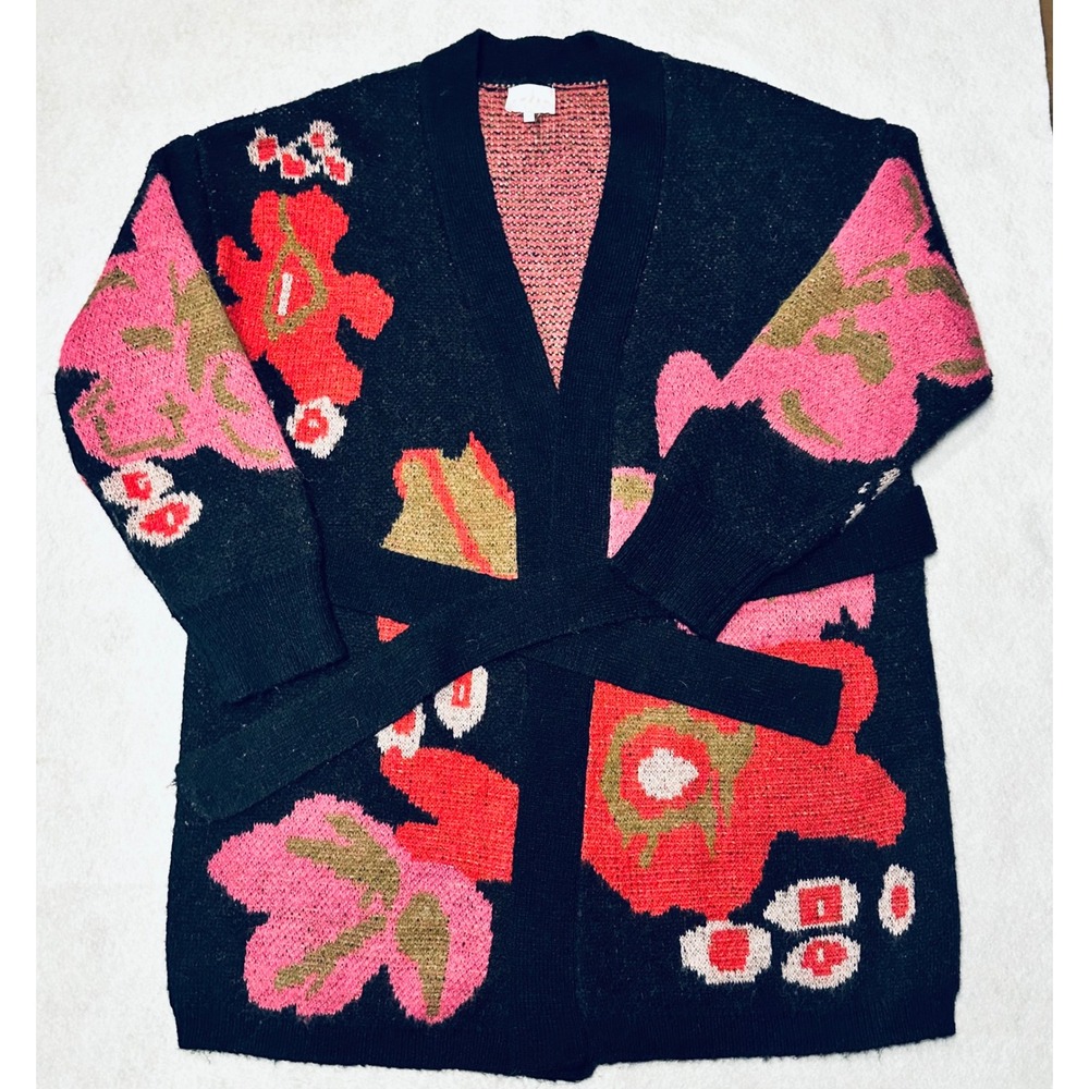 Entro Floral Knit Cardigan Sweater Open‎ Black Pink Oversized Cozy M BOHO